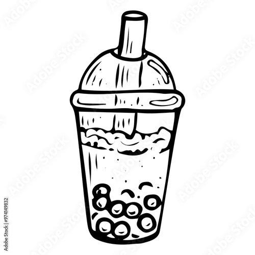 Bubble tea drink hand drawn doodle. Cocktail with tapioca balls, syrup, boba. Plastic cup with straw. Sweet sugar water. Chilled street drink. Fast food. Vector sketch line art illustration.