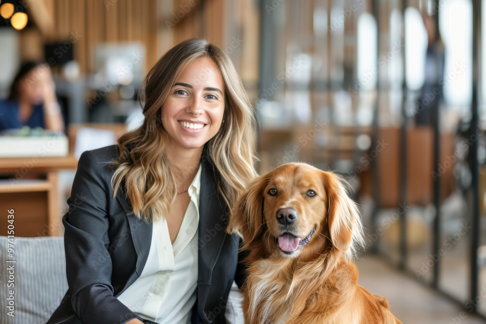 Joyful Office Day with a Golden Retriever. A young Caucasian woman with blonde hair smiles brightly with her golden retriever in a modern workspace.
Joyful Office Day with a Golden Retriever. A young Caucasian woman with blonde hair smiles brightly with her golden retriever in a modern workspace.