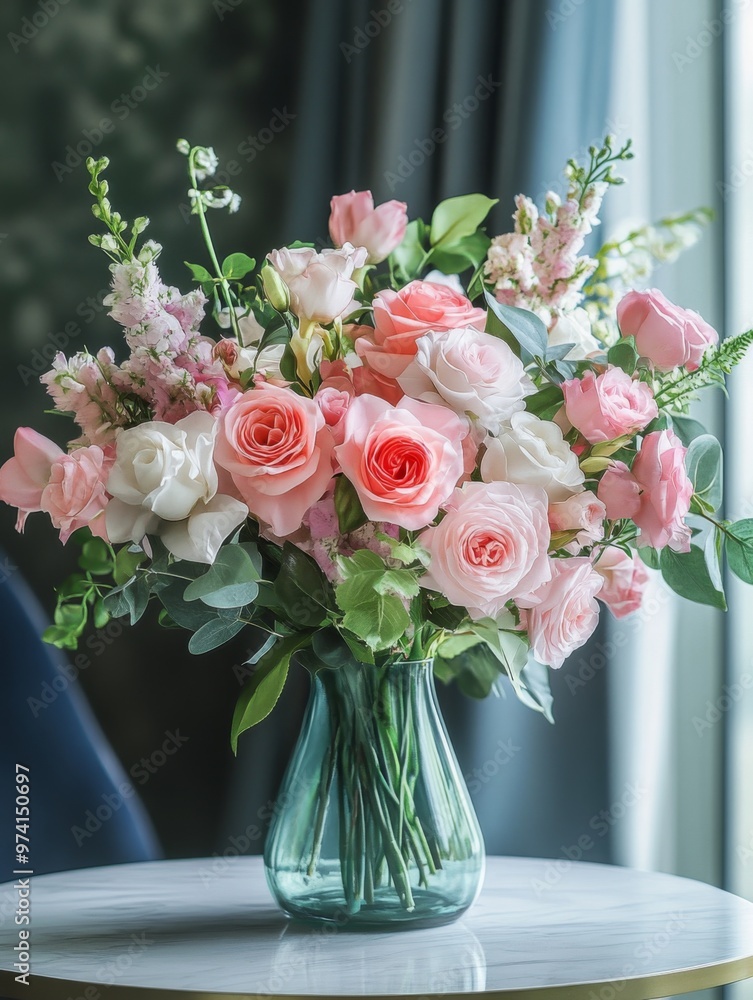 Obraz premium fresh flowers bouquet in a vase displayed on the table, modern interior