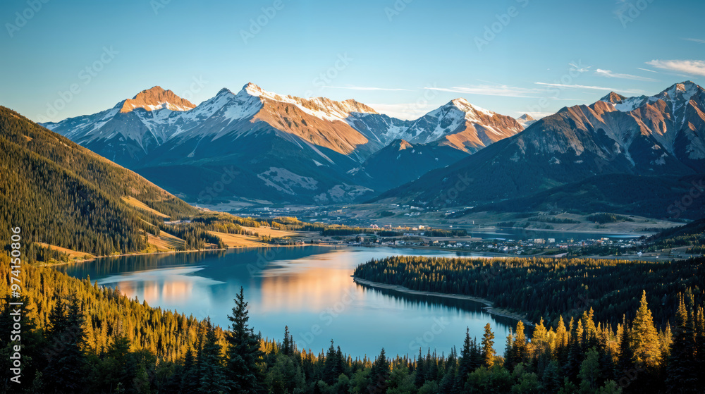 Fototapeta premium Mountain lake with evergreen forest under blue sky