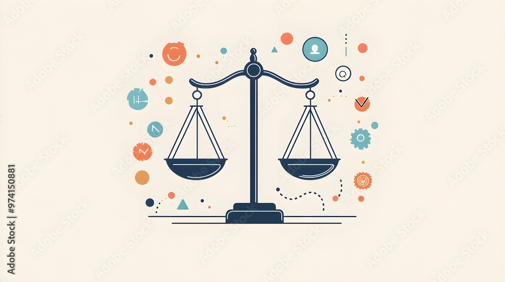 A flat design illustration of scales of justice perfectly balanced, with equality symbols such as equal signs or balanced scales incorporated into the design, set against a clean, minimalistic A flat design illustration of scales of justice perfectly balanced, with equality symbols such as equal signs or balanced scales incorporated into the design, set against a clean, minimalistic