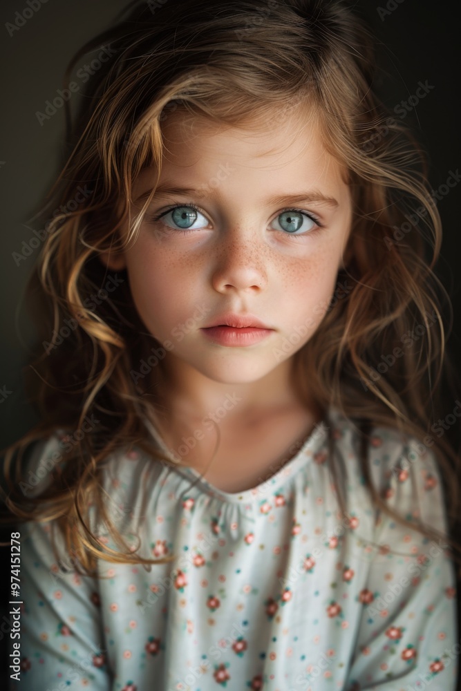 A young girl with enchanting blue eyes and wavy hair gazes thoughtfully, dressed in a floral top against a soft, muted background, capturing a serene moment of contemplation indoors A young girl with enchanting blue eyes and wavy hair gazes thoughtfully, dressed in a floral top against a soft, muted background, capturing a serene moment of contemplation indoors