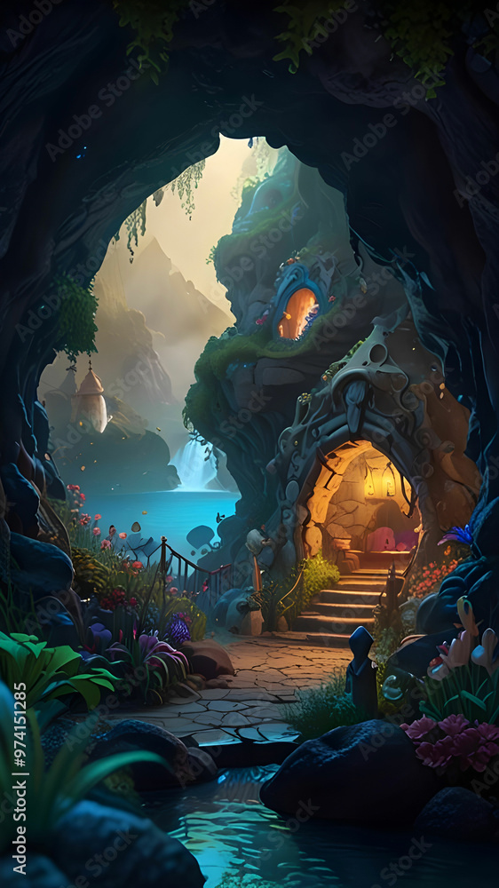 Obraz premium A dreamlike realm inhabited by miniature beings, nestled within the mysterious cave.
