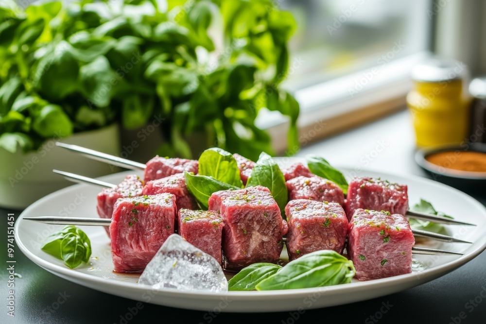 a plate of raw beef cubes marinated in lime and mint leaves skewered on a silver metal skewer. a plate of raw beef cubes marinated in lime and mint leaves skewered on a silver metal skewer.