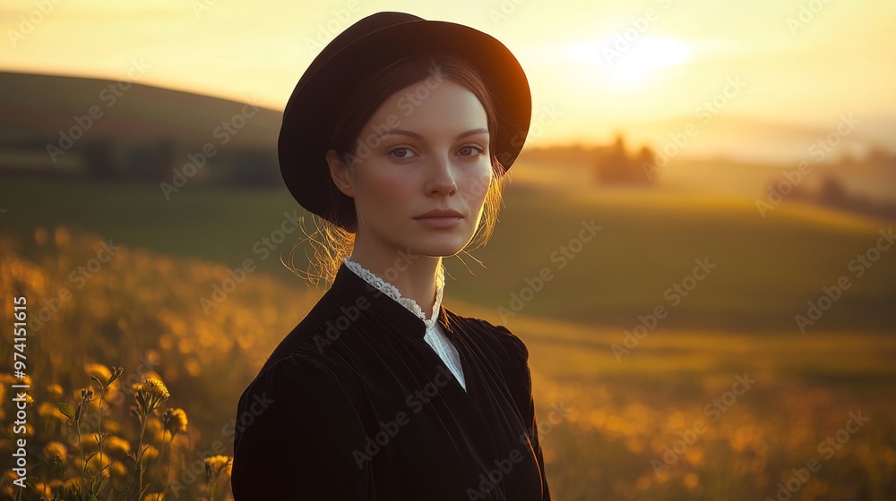 Fototapeta premium A young woman with a black hat stands in a golden field at sunset, capturing a moment of tranquility amidst the beauty of nature and the warm hues of evening light