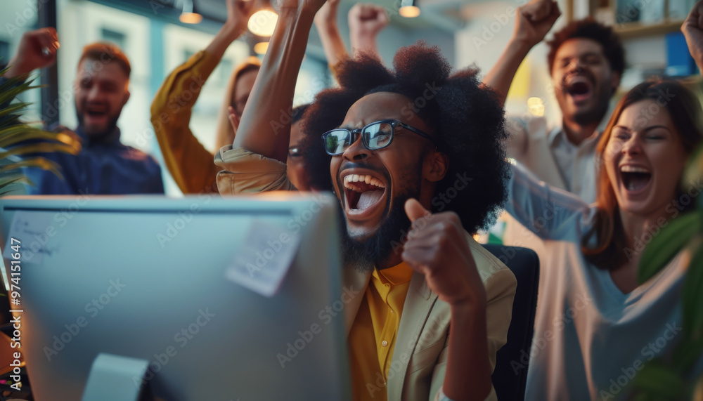 A group of colleagues celebrates success in a vibrant office environment during a team meeting, full of excitement and teamwork in the afternoon A group of colleagues celebrates success in a vibrant office environment during a team meeting, full of excitement and teamwork in the afternoon