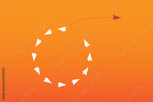 Think differently concept. Red airplane changing direction. Vector illustration	