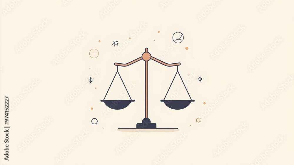 A simple and elegant flat design of the scales of justice, featuring evenly balanced pans and equality symbols, with a modern and straightforward visual style on a neutral background A simple and elegant flat design of the scales of justice, featuring evenly balanced pans and equality symbols, with a modern and straightforward visual style on a neutral background