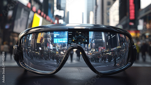 Augmented Reality Glasses Reflecting Cityscape