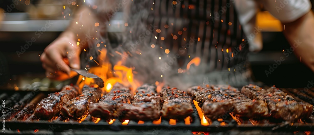 Fototapeta premium Chef making barbecue, hand close up 