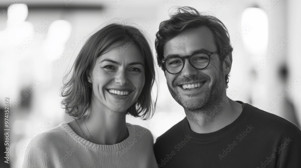 grayscale image of two european people, couple smiling together in a bright and modern office environment. grayscale image of two european people, couple smiling together in a bright and modern office environment.