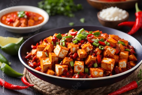 Mapo Tofu - The traditional Sichuan dish of silken tofu and ground beef, packed with mala flavor from chili oil and Sichuan peppercorns - Asian food style
