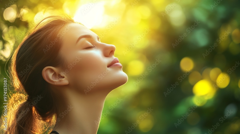A woman breathes fresh air in the forest, enjoying nature and relaxation outdoors on a summer day with copy space for text A woman breathes fresh air in the forest, enjoying nature and relaxation outdoors on a summer day with copy space for text