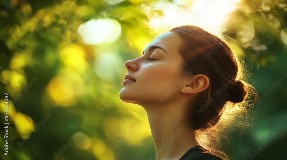 A woman breathes fresh air in the forest, enjoying nature and relaxation outdoors on a summer day with copy space for text A woman breathes fresh air in the forest, enjoying nature and relaxation outdoors on a summer day with copy space for text