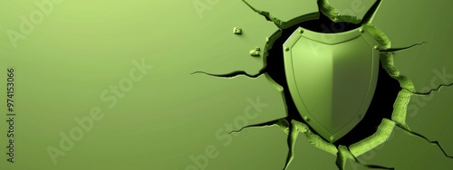 3D security shield jump breaking through green lime wall with a hole in the right, with left blank copy space