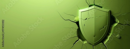 3D security shield jump breaking through green lime wall with a hole in the right, with left blank copy space