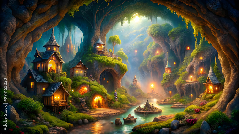 Fototapeta premium A dreamlike realm inhabited by miniature beings, nestled within the mysterious cave.