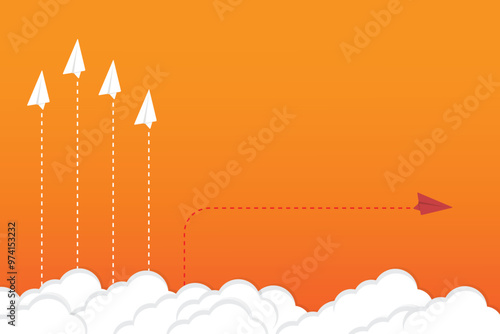 Think differently concept. Red airplane changing direction. Vector illustration	