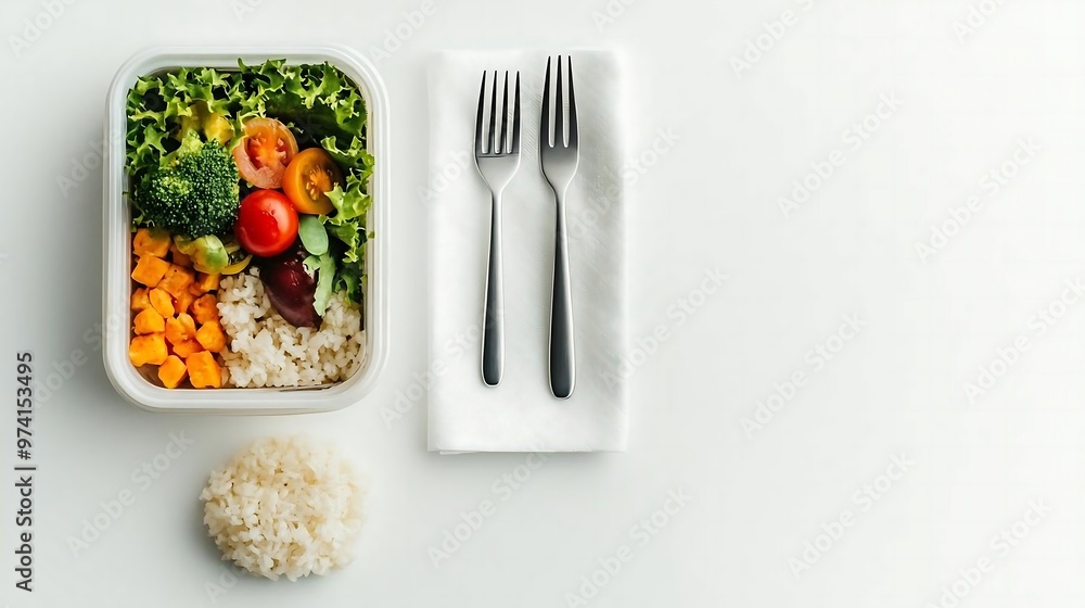 Healthy Lunch with Salad Rice and Fork on White Background Healthy Lunch with Salad Rice and Fork on White Background