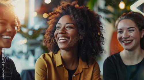 Three women with curly hair smiling and engaging in a lively conversation at a trendy café during the late afternoon