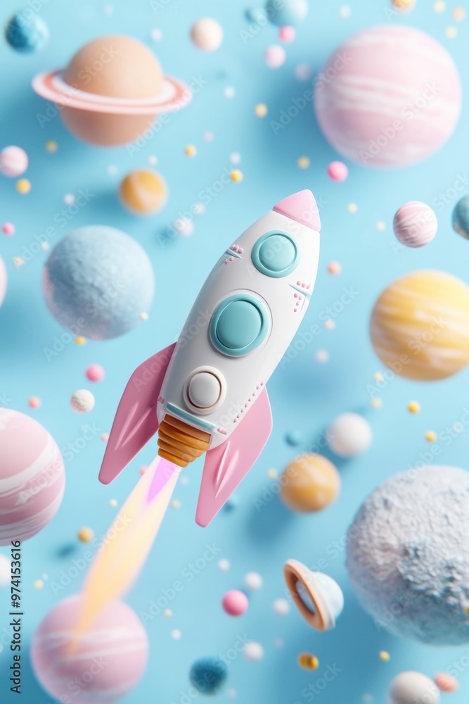 A playful pastel 3D clay-style spaceship zooms through a vibrant galaxy filled with colorful stars and planets A playful pastel 3D clay-style spaceship zooms through a vibrant galaxy filled with colorful stars and planets