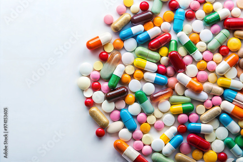 Many different colorful medication and pills on white background. Top view. Copy space