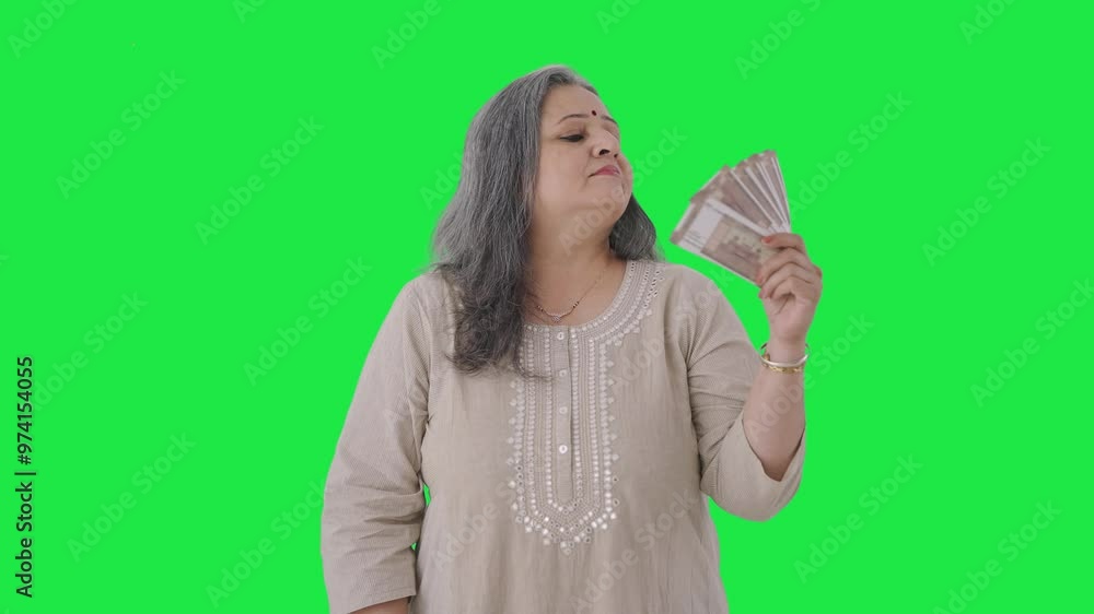 Confident Indian old woman using money as fan Green screen Confident Indian old woman using money as fan Green screen