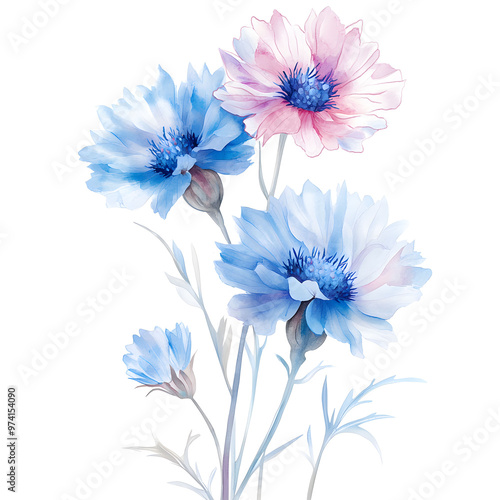 Watercolour Blue and Pink Wildflowers, Botanical Watercolour Floral Design, cornflowers 