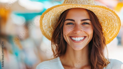 Happy woman enjoying a day out at a flea market, discovering unique items with a joyful expression photo