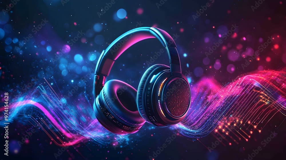 Floating 3D headphones emitting vibrant sound waves in all directions, set against a futuristic, dark background with glowing accents, creating a dynamic and high-tech visual Floating 3D headphones emitting vibrant sound waves in all directions, set against a futuristic, dark background with glowing accents, creating a dynamic and high-tech visual