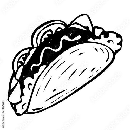 Taco hand drawn doodle. Tortilla with meat and vegetables. Folded in half wheat flatbread with filling. Snack fast food to go. Order in cafe. Time to eat. Vector sketch line art illustration.