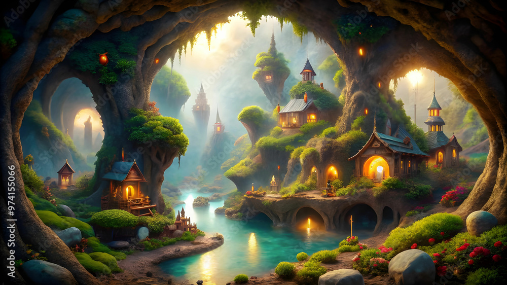 Obraz premium A dreamlike realm inhabited by miniature beings, nestled within the mysterious cave.