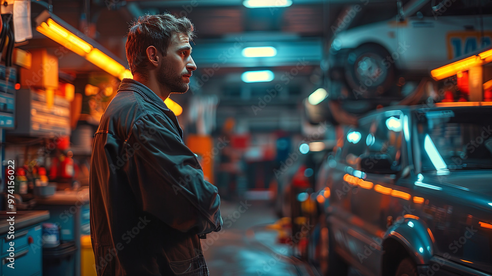 Fototapeta premium Young mechanic is working on a car in a repair shop