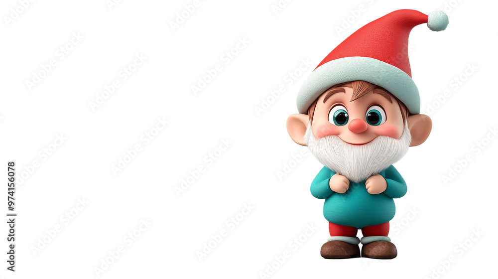 A friendly cartoon gnome with a red hat and blue shirt stands joyfully, hands clasped A friendly cartoon gnome with a red hat and blue shirt stands joyfully, hands clasped