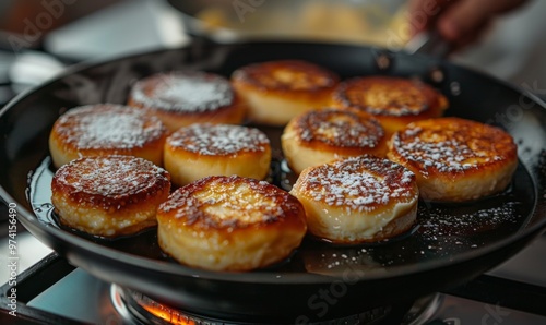 Fluffy pancakes cooking in a skillet on a stovetop with a sprinkle of powdered sugar in a cozy kitchen setting during breakfast time