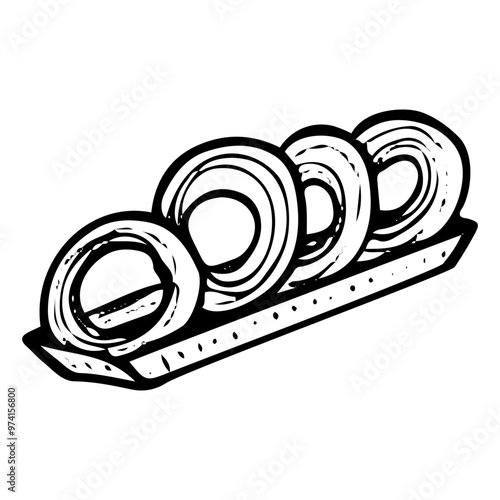 Onion rings hand drawn doodle. Deep fried onion circles on disposable plate. Crispy spicy chips. Snack fast food to go. Order in cafe. Time to eat. Vector sketch line art illustration.