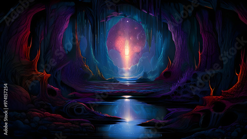 A dreamlike realm inhabited by miniature beings, nestled within the mysterious cave.