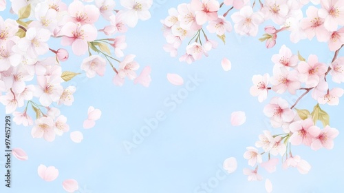 A serene background featuring delicate cherry blossoms against a soft blue sky, perfect for spring themes and floral designs.