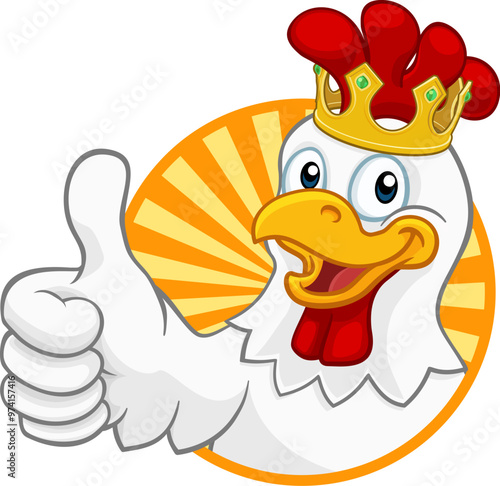 A chicken rooster cockerel bird cartoon character in a kings gold crown giving a thumbs up