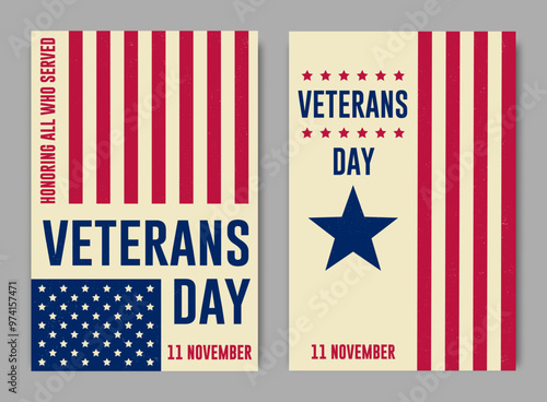 Veterans day retro poster. Vector. Honoring all who served. USA veterans day celebration. American national holiday poster design template