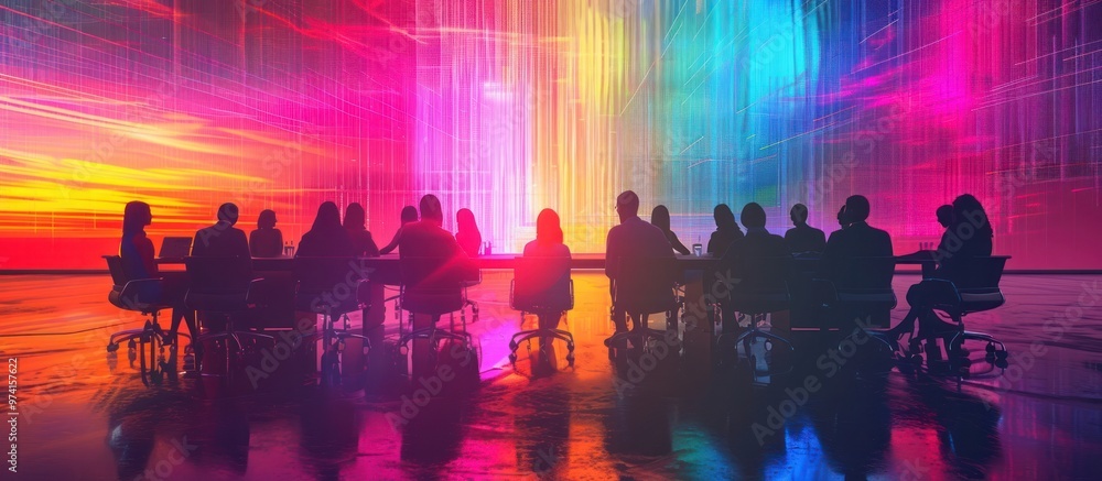 Silhouettes of a group of people gathered together in a vibrant neon lit digital landscape creating an abstract futuristic atmosphere The image evokes a sense of technology innovation