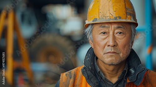 A skilled construction worker on site, wearing a hard hat and stained work clothes during the day, showcasing dedication and resilience