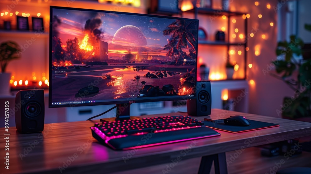 A cozy gaming setup at night featuring a vibrant landscape on the monitor with ambient lighting and stylish speakers A cozy gaming setup at night featuring a vibrant landscape on the monitor with ambient lighting and stylish speakers