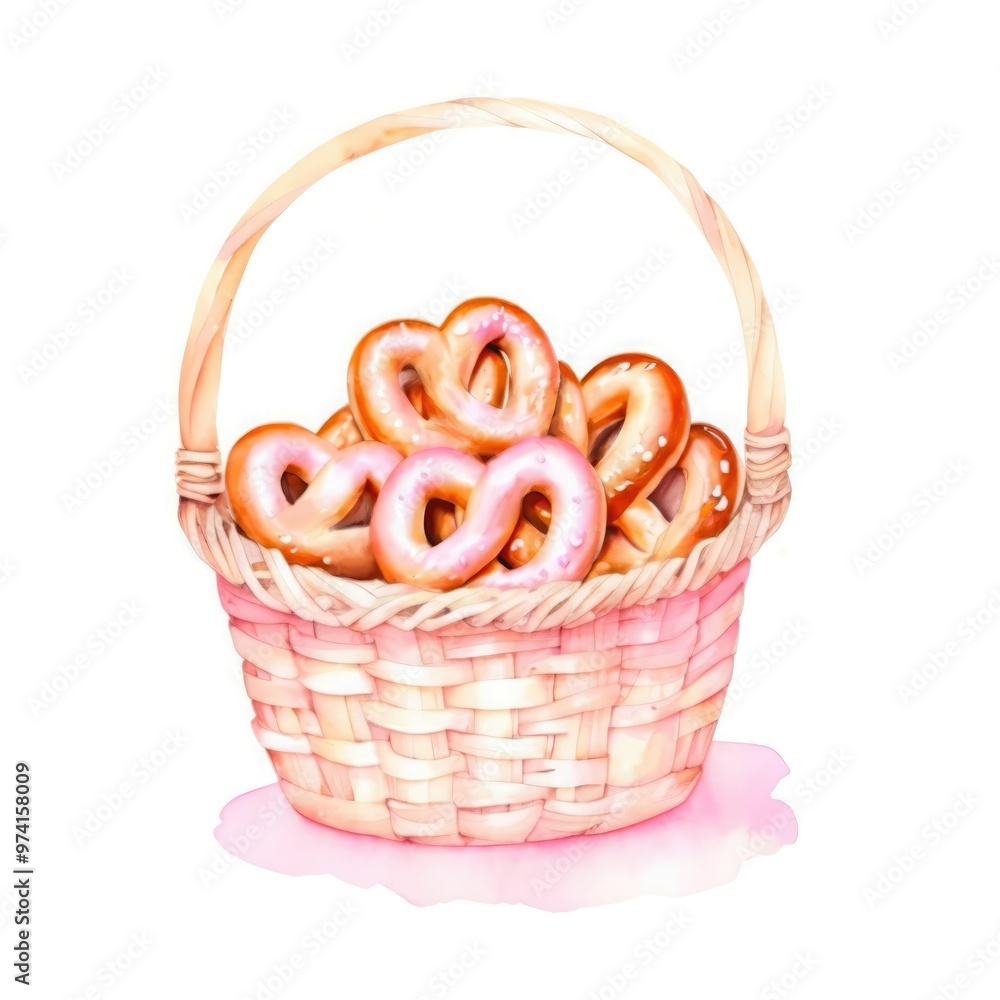 A woven basket overflowing with assorted pretzels arranged beautifully for a festive presentation A woven basket overflowing with assorted pretzels arranged beautifully for a festive presentation
