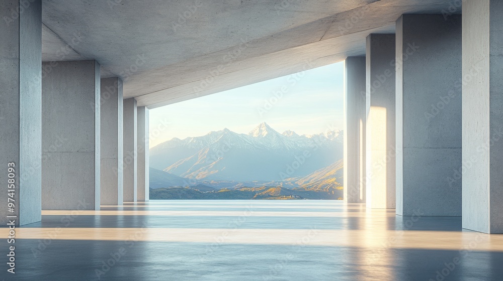 Abstract of concrete interior with sun light cast the shadow on the floor ,Geometric structure design,Museum space on mountains view background Abstract of concrete interior with sun light cast the shadow on the floor ,Geometric structure design,Museum space on mountains view background