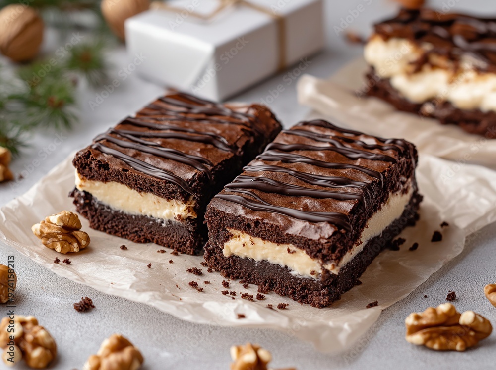 Chocolate brownies with white chocolate middle layer and nuts Chocolate brownies with white chocolate middle layer and nuts