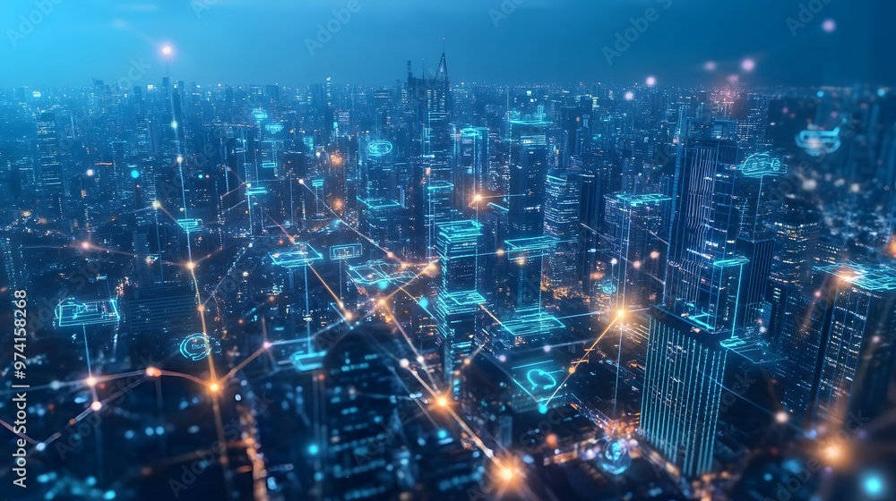 A panoramic view of a tech-driven city where citizens engage with blockchain-powered IoT devices in every aspect of life A panoramic view of a tech-driven city where citizens engage with blockchain-powered IoT devices in every aspect of life