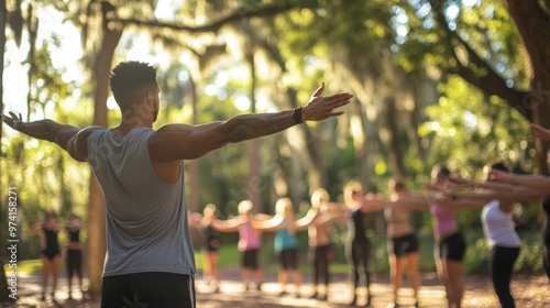 A fitness instructor guides a group in a nature setting. The scene captures the essence of outdoor exercise, wellness, and community. Feel the energy flow. AI photo