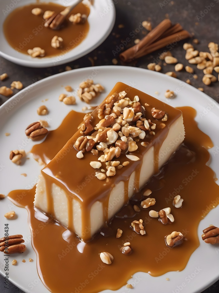Caramel sauce smeared across a white plate with crushed nuts and caramel shards
Caramel sauce smeared across a white plate with crushed nuts and caramel shards