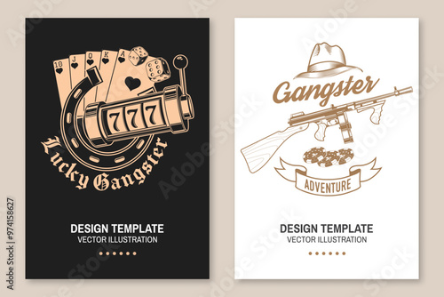 Lucky Gangster poster. Gambling vintage print, logo, badge design with horseshoe, slot machines, two dice, poker playing card. Vector.
